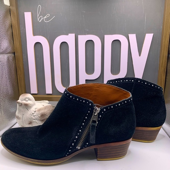 Lucky Brand Black Suede Ankle Boots with Studded Detailing and zippers. Size 8. - Picture 1 of 9